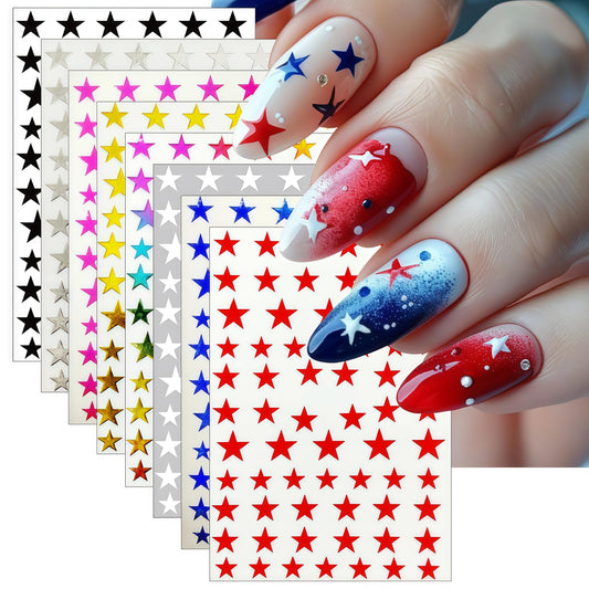 8 Sheets Glitter Stars Nail Art Stickers 3D Self Adhesive Shiny Glitters Starlight Nail Decals Holographic Black White Gold and Silver Pentagram Design Decal for Woman DIY Manicure Decoration
