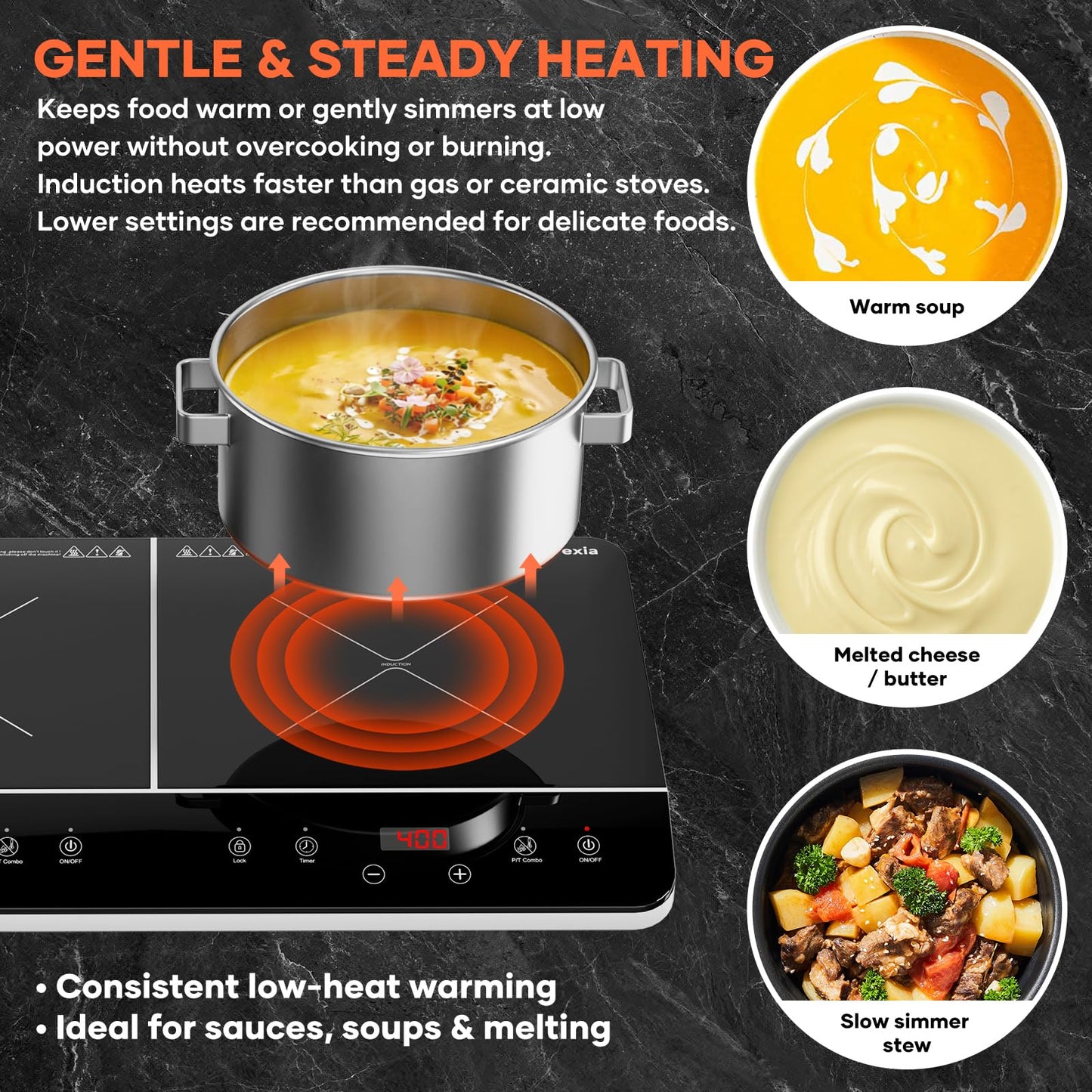Saitravexia 24 Inch Double Induction Cooktop, Touch Control Electric Cooktop with Dual Burners, Shared 1800W Power, Low-Power Continuous Heating, Countertop Use