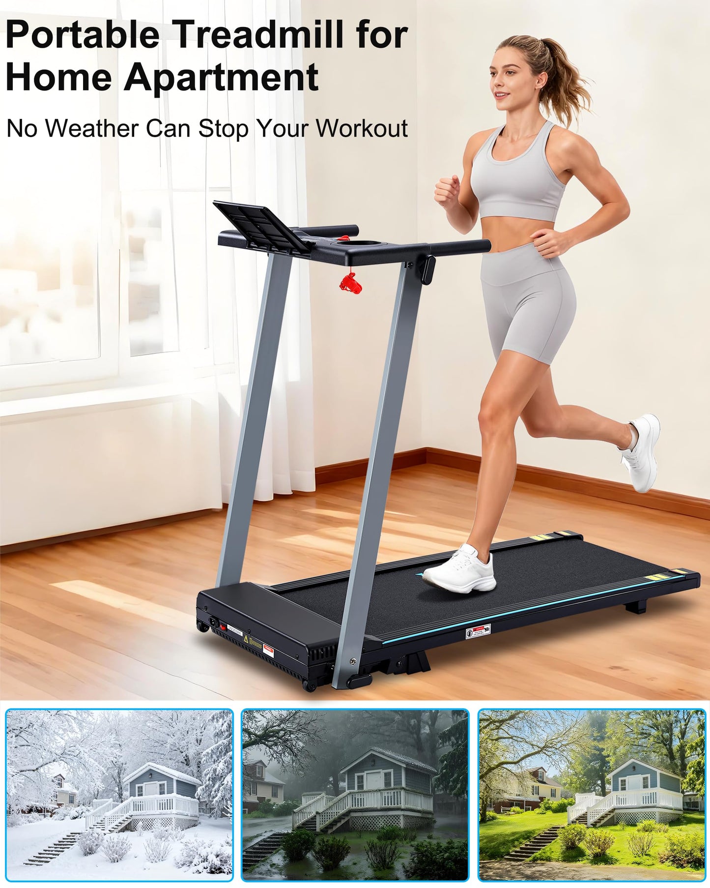 BORGUSI Incline Treadmill with Handles, Portable Small Folding Treadmill for Home Office, Walking Pad with 300 LBS Capacity, 24 Preset Programs, LED Display, Extendable Cup Holder