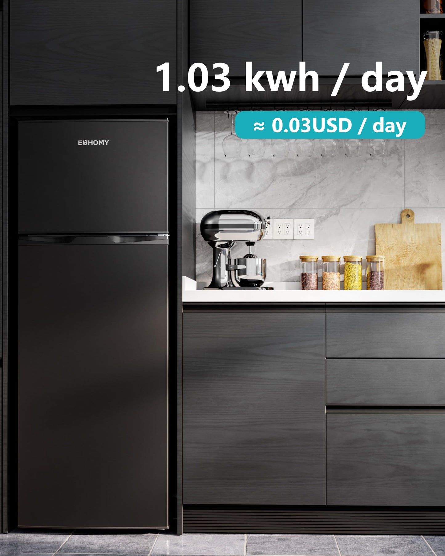EUHOMY 7.4 Cu.Ft. Refrigerator with Freezer, 2 Door Fridge, Large Capacity,Adjustable Thermostat, Refrigerator for Kitchen/Dorm/Apartment/Garage - Food Storage or Cooling drinks, Black