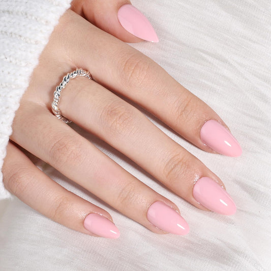 Leefrei Soft Pink Press On Nails Short Almond - Glossy Fake Nails Press ons, Reusable Glue On Nails for Women, 16 Sizes 32 Pieces Nail Kit with Glue, Soft Pink