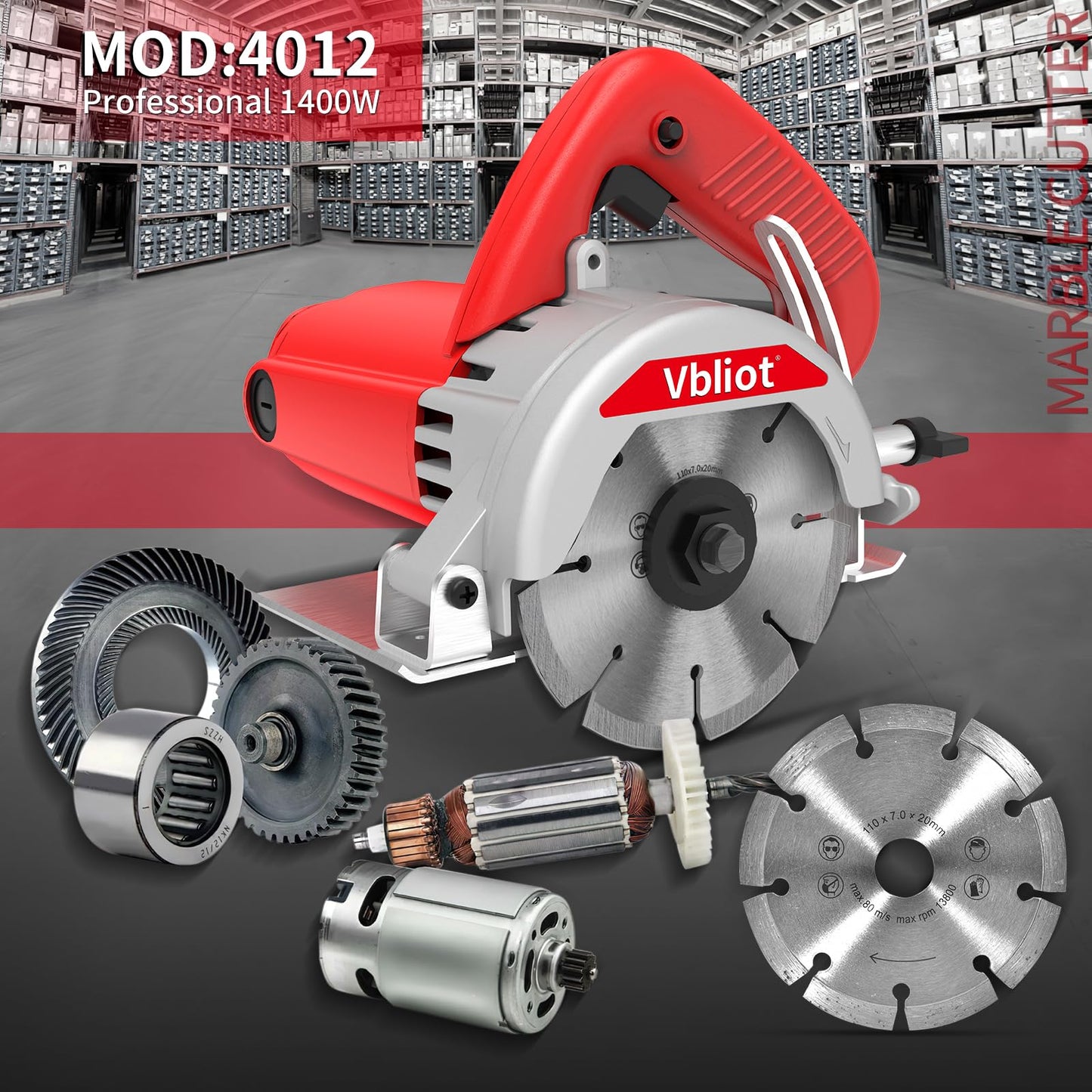 VBLIOT 4-3/8-Inch Tile Saw, 1400W 12A Concrete Wet Saw Handheld Cutting Carving Machine, Includes Carbon Brush Wrench Diamond Cutting Disc