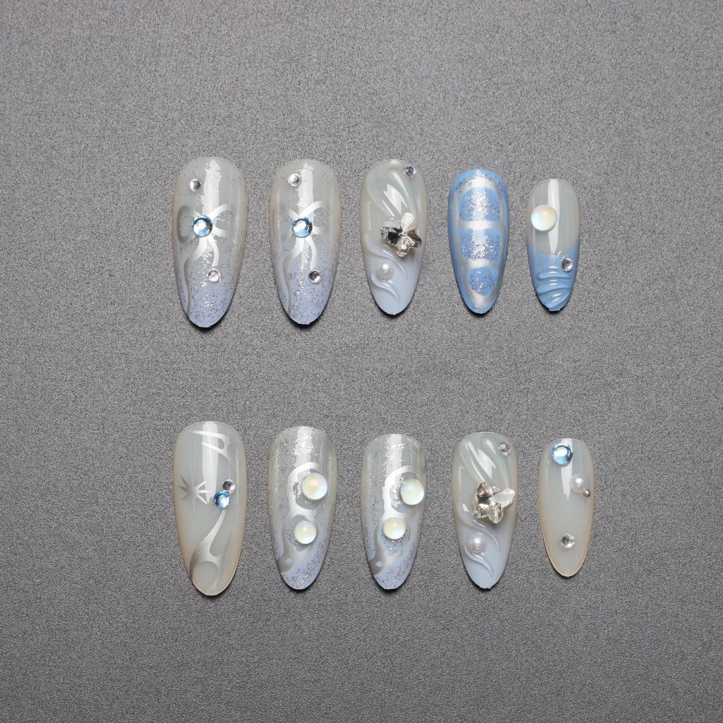 Blue Gradient Press on Nails Medium Almond Fake Nails with 3D Rhinestones Design Charms Nails French Tip Press on Almond Shape Cute Sliver Star Stick on Nails False Nails for Women Daily Wear 24Pcs