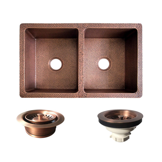 CT Copper Tailor 33" Copper Farmhouse Kitchen Sink 16 Gauge Thick, Hand-hammered Antique Copper 50/50 Double Bowl Sink,Strainer Included