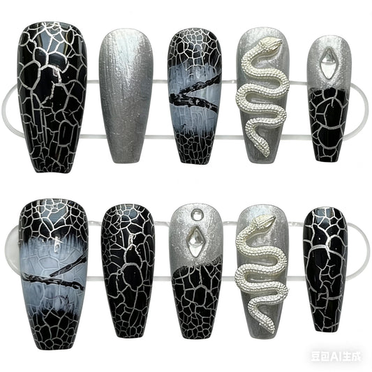 Handmade Press on Nails Square 3D White Snake & Gemstone Decoration with a Black and White Snake Pattern Temperament Style Acrylic Nails Press on Handmade Nails Luxury Press on Nails(S)