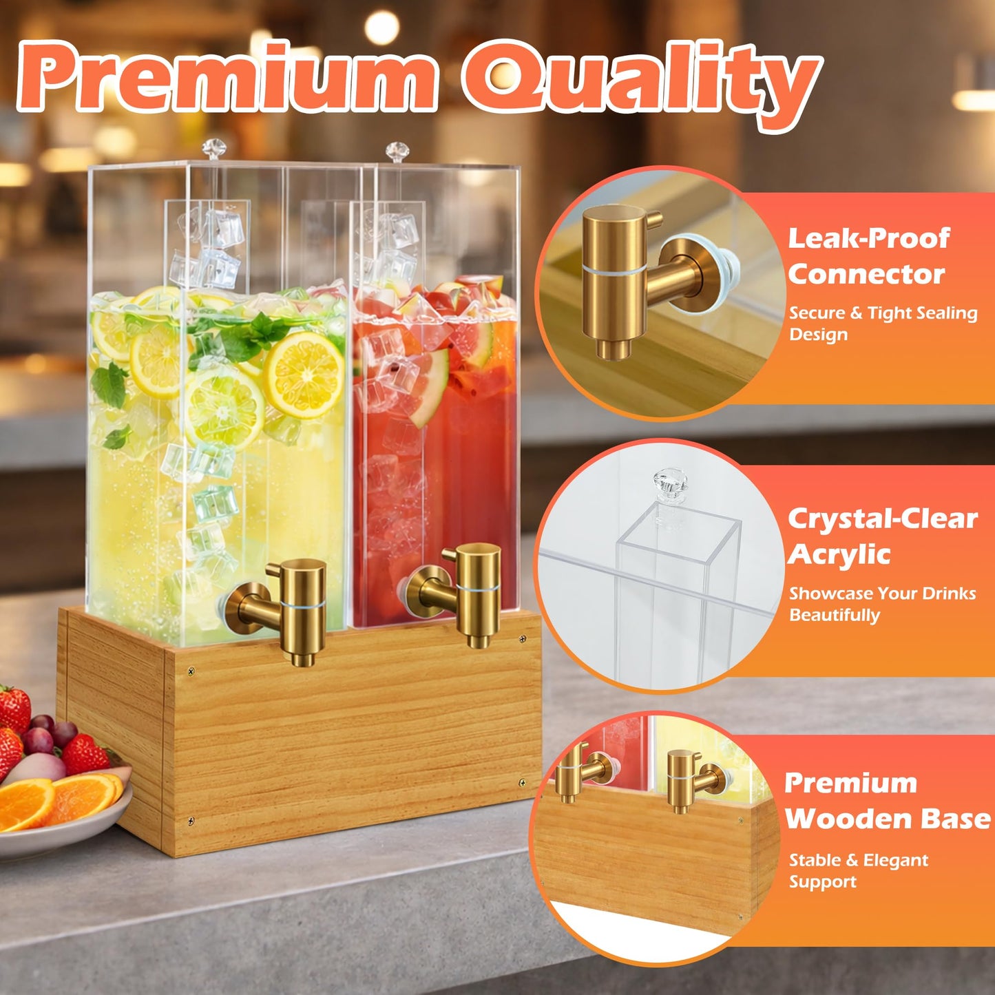 Beverage Dispenser with Stand, 4 Gallon Dual Drink Dispenser Stand, Large Drink Dispenser for Party, Wood Stand