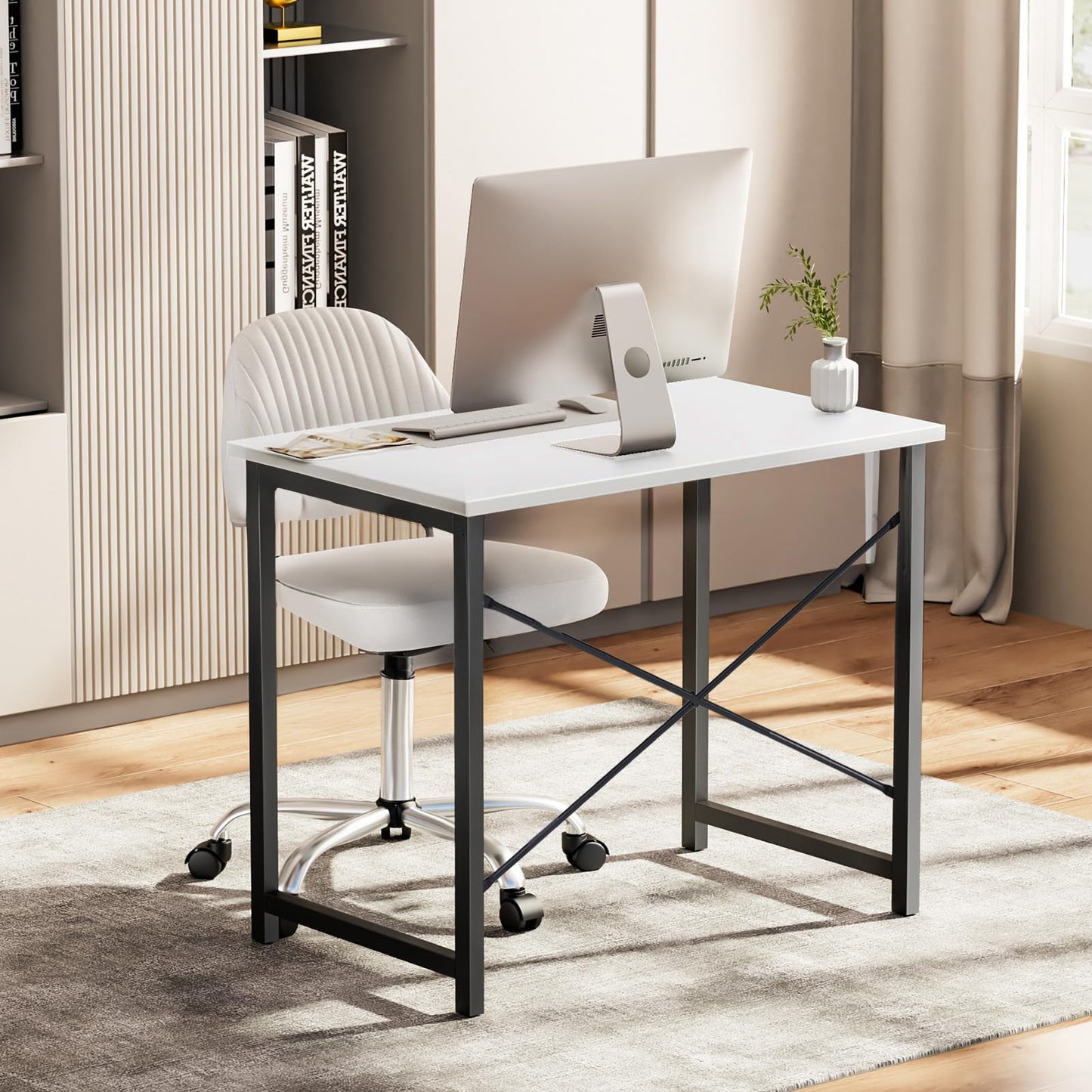 Sweetcrispy Small Computer Desk, 47" Office Writing Desk with Metal Frame & Wooden Top, X-Shaped Reinforcement, Student Study Home Bedroom Table, White