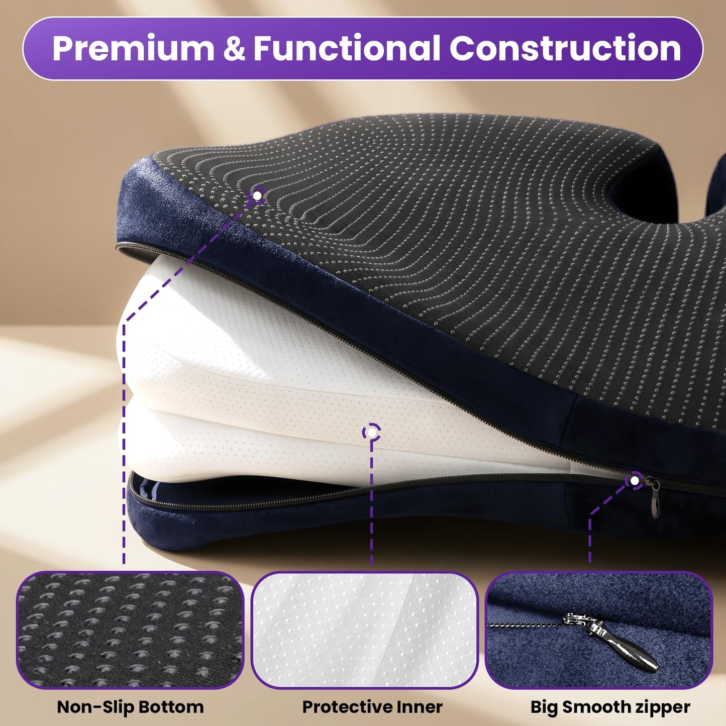 ZZ-WELL Seat Cushions for Office Chairs - Ergonomic Tailbone Pain Pressure Relief Seat Cushion - Extra Large & Thick Design Memory Foam Office Chair Cushion, 21.2" W X 16.5" L (Blue)
