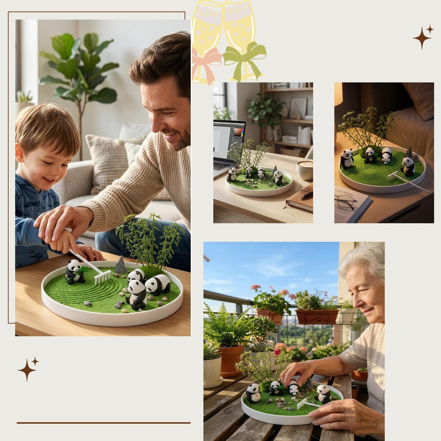 Panda Zen Garden Kit, Desktop Zen Garden,with Haystack,Rockery,Rake and Landscape Stones,for Home Office Desk Decor & Stress Relief