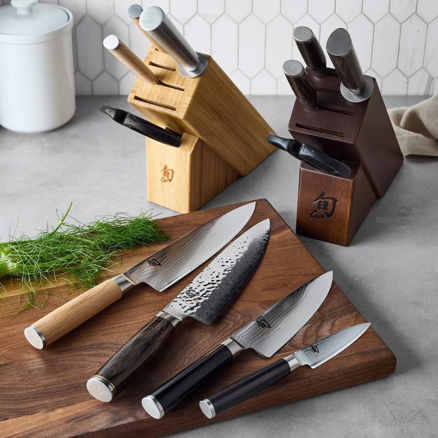 Shun Cutlery Premier 6 Piece Knife Block Set, Includes 8 Inch Chef's Knife, 4 Inch Paring Knife, 6.5 Inch Serrated Utility Knife, Herb Shears, & Honing Steel, Handcrafted Japanese Kitchen Knives