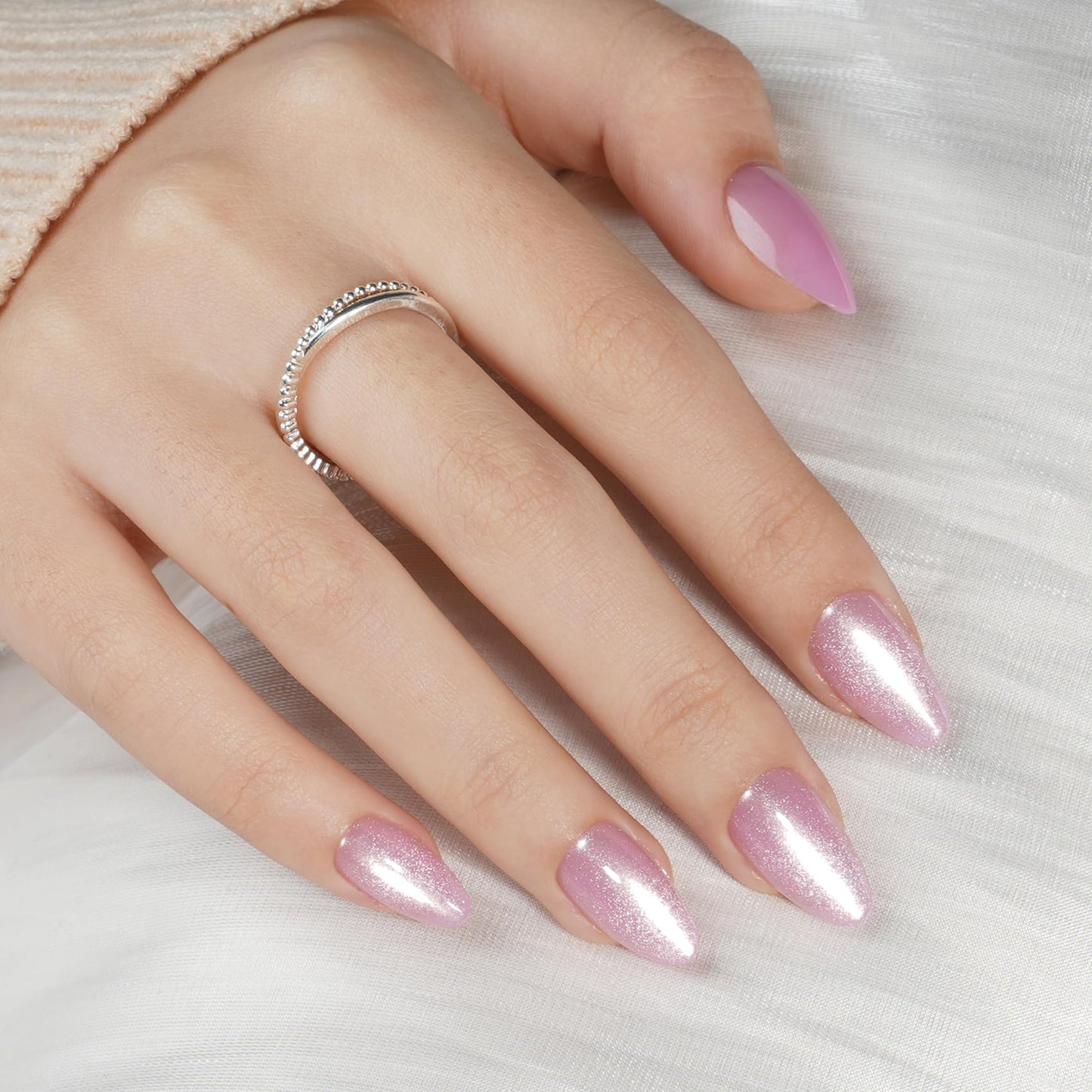 Pink Cat Eye Press On Nails Almond - Short Almond Fake Nails with Nail Glue, Pink Cateye Press On Nails Reusable Stick On Nails in 16 Sizes 32 Nail Kit for Women & Girls | Salon Quality