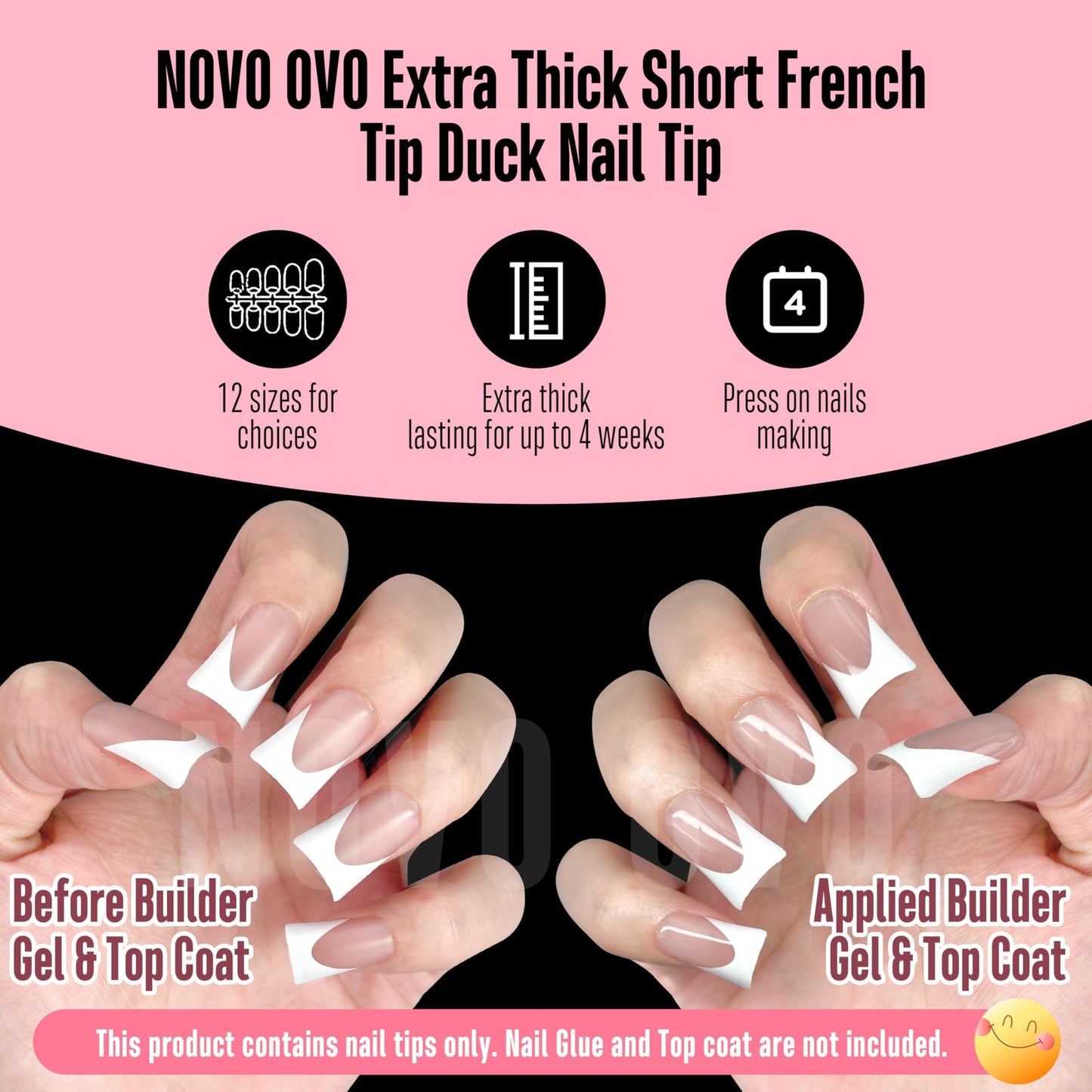 NOVO OVO Short Duck Nail Tips French Tip Press On BROWN PINK, Pre-designed Soft Gel Nail Extension, Need Buider Gel Top Coat, No Glue included, Full Cover Acrylic False Nails for DIY x 12 Sizes 240 pc
