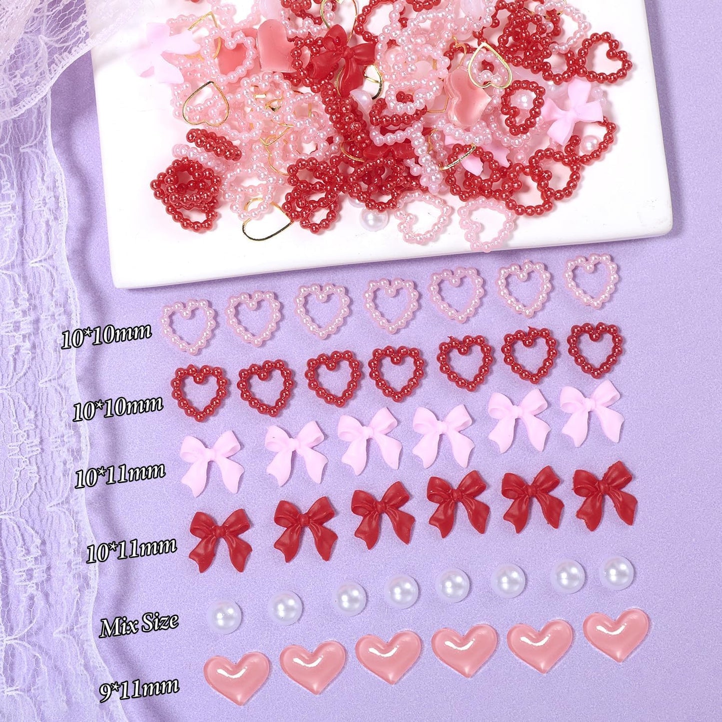 220 Pcs Gold Bow Heart and Acrylic Nail Art Charms, Love Nail Rhinestone and Gems, Pink Red Hearts Bowknot Junk Case Charms for Y2K Nail Art Manicure Design