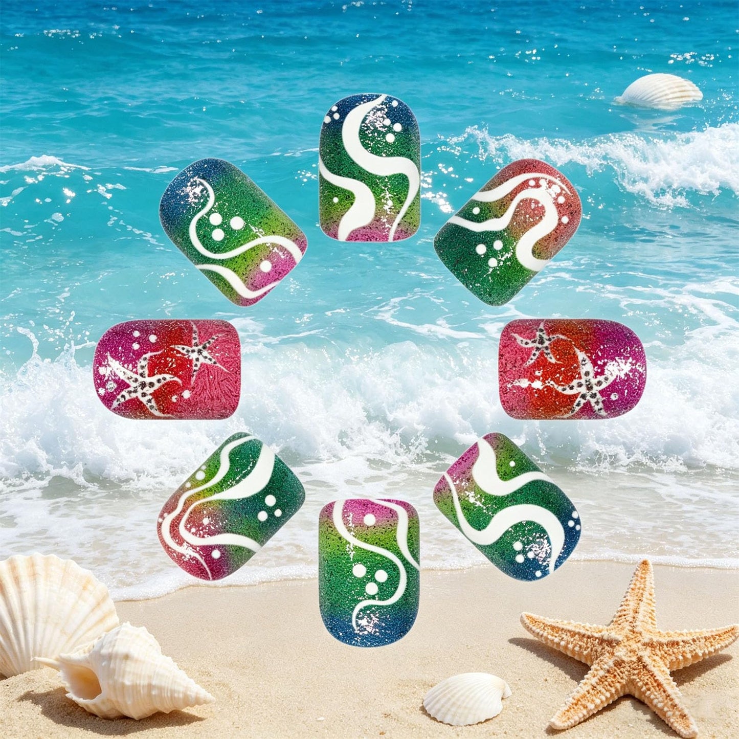 Ocean Starfish Press on Nails with Summer Beach Design Glossy Rainbow Ombre Fake Nail Short Square False Nails Seaweed Full Cover Stick on Nail Wave Glue on Artificial Fingernails for Women Wear