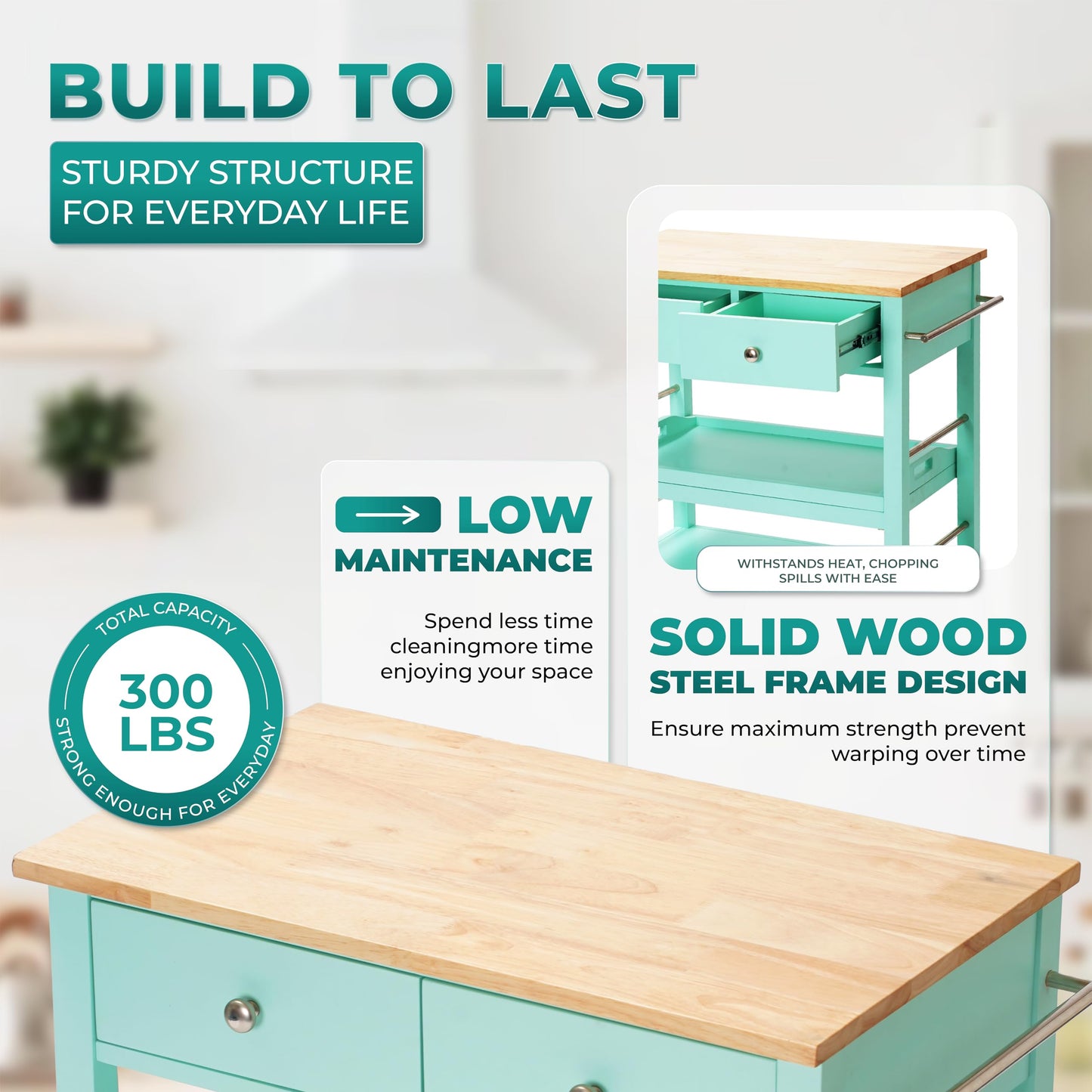 ARROWSTONE Rolling Kitchen Island Cart, Teal Kitchen Cart with Rubberwood Top, Ample Storage Drawers, Adjustable Shelves, Utility Cart with Wheels for Small Kitchens, 35” Height