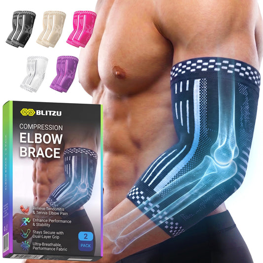 BLITZU Elbow Compression Sleeve for Tendonitis 2 Pack, Tennis Elbow Brace Support for Men and Women Golfers Elbow Pain Relief, Arthritis, Bursitis, Arm Brace for Workout, Weightlifting Black L