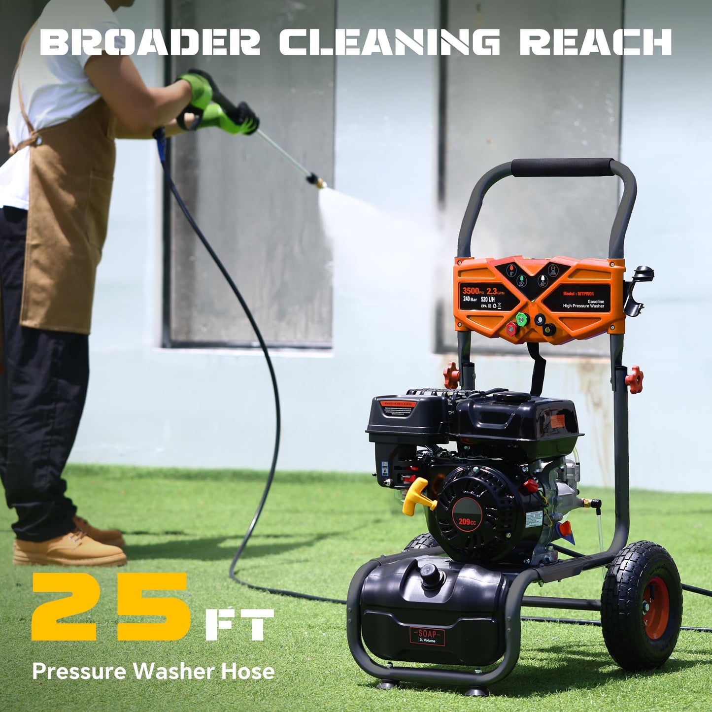 AidBuilt 3500 PSI Gas Pressure Washer, 2.3 GPM High Power Washer with 209CC Engine, 25FT Hose, 4 Quick-Connect Nozzles, for Cleaning Walls, Vehicles, Gardens, Driveways, Concrete(Orange)