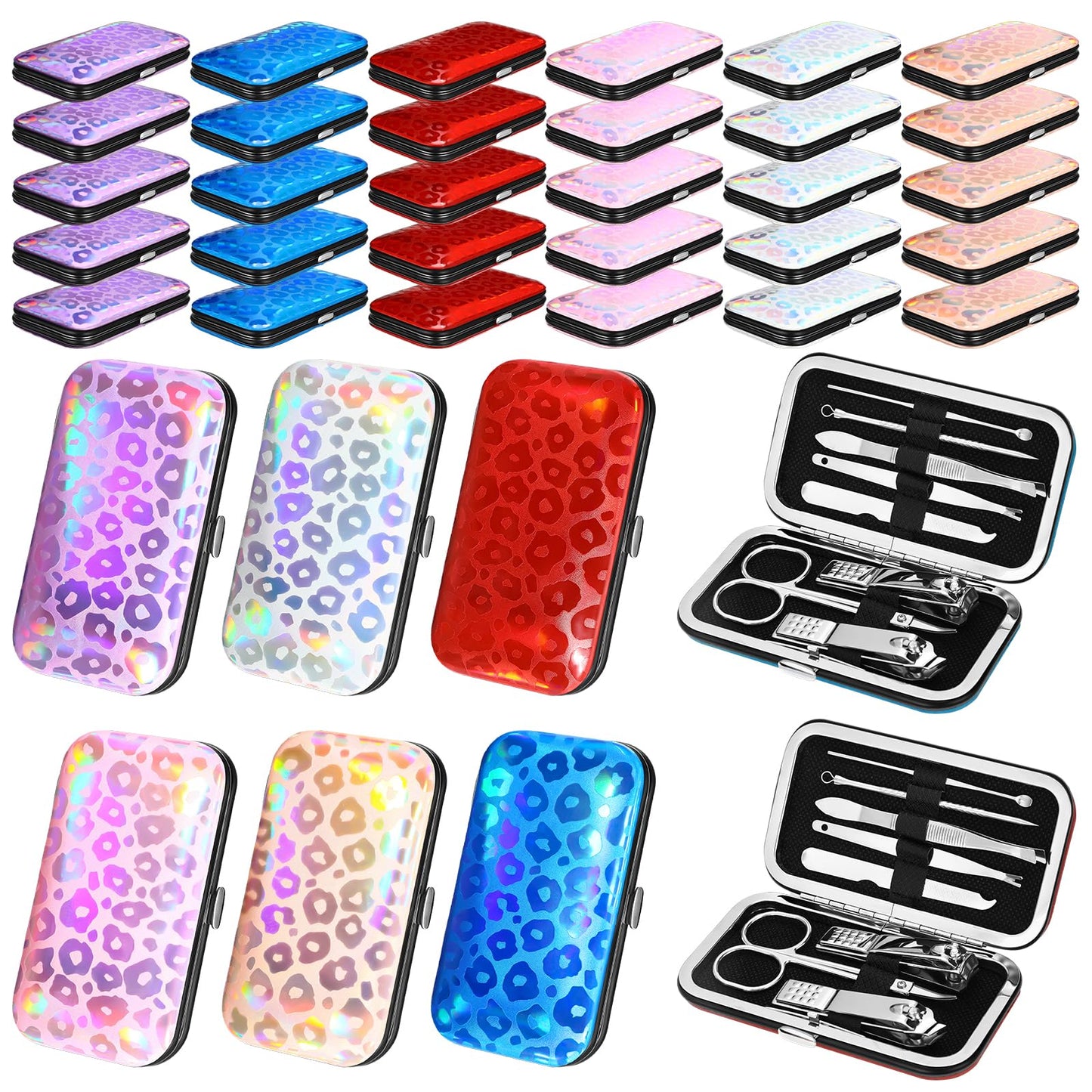 Leriton 30 Sets Bulk Gifts for Women Manicure Set Bulk Professional Nail Care Kit Nail Clippers Kit 8 in 1 Stainless Steel Pedicure Set with Travel Case for Women Men(Laser Leopard Print)