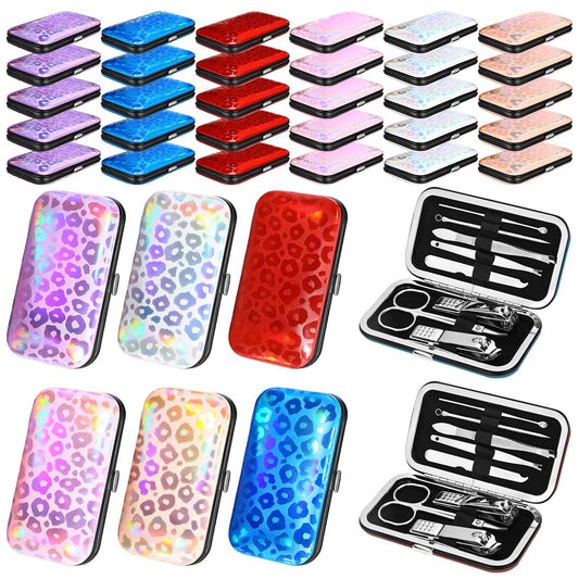 Leriton 30 Sets Bulk Gifts for Women Manicure Set Bulk Professional Nail Care Kit Nail Clippers Kit 8 in 1 Stainless Steel Pedicure Set with Travel Case for Women Men(Laser Leopard Print)