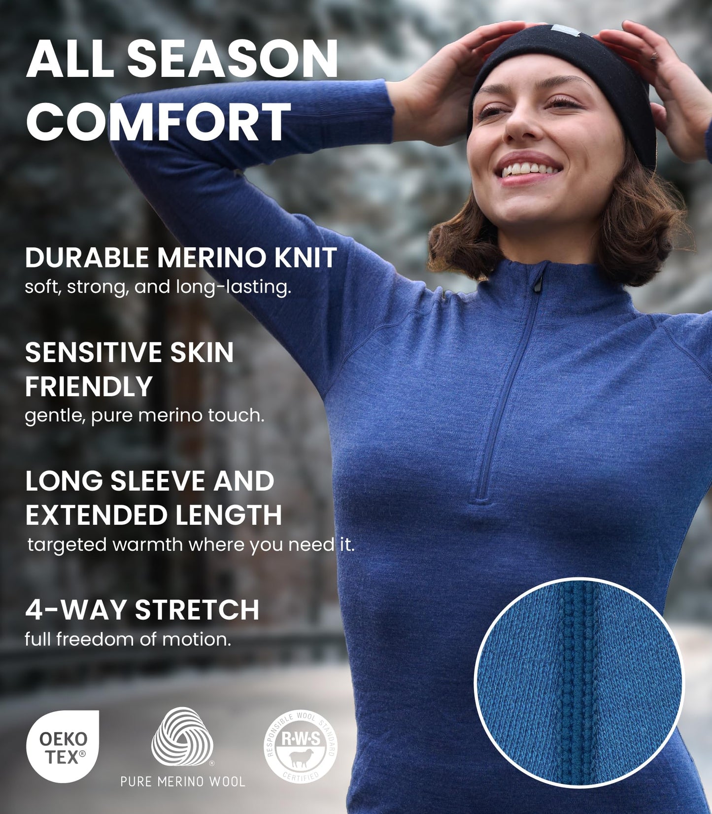 Merino.tech Merino Wool Base Layer Women Set - Heavyweight, Lite, Midweight Merino Thermal Underwear For Women Top, Bottom (Large, 250 Black Zip-up Set)