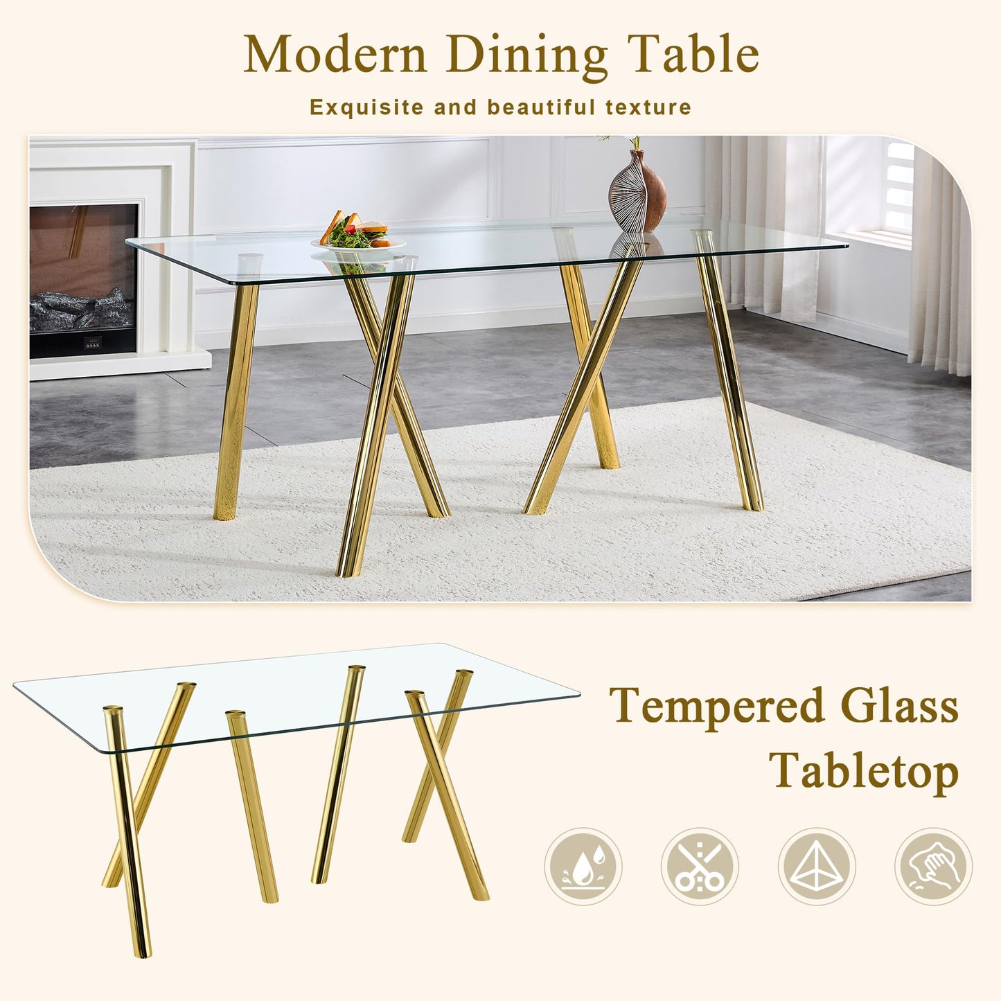 JEARGE Glass Dining Table Set for 6,7 Piece Dining Room Table Set for 6, 71" Modern Kitchen Table with Acrylic Dining Chairs,Suitable for Kitchen