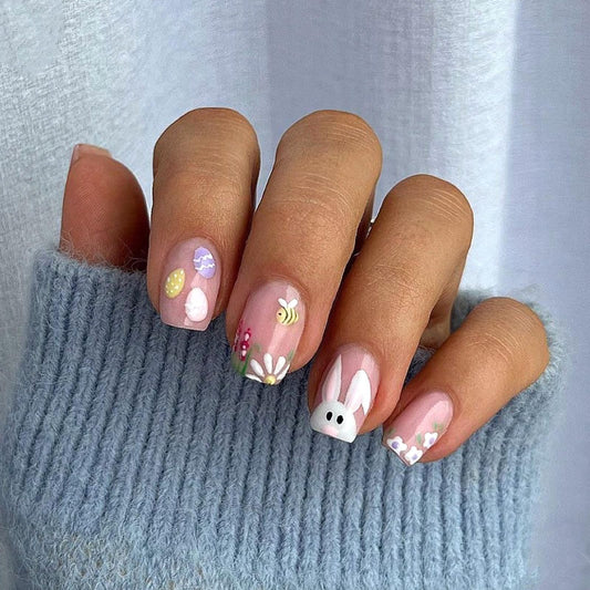 Easter Press on Nails Short Square Fake Nails with Cartoon Easter Bunny Eggs Design Glossy Pink Nail Press ons Cute Flower Bee False Nails Spring Summer Glue on Nails for Women 24Pcs