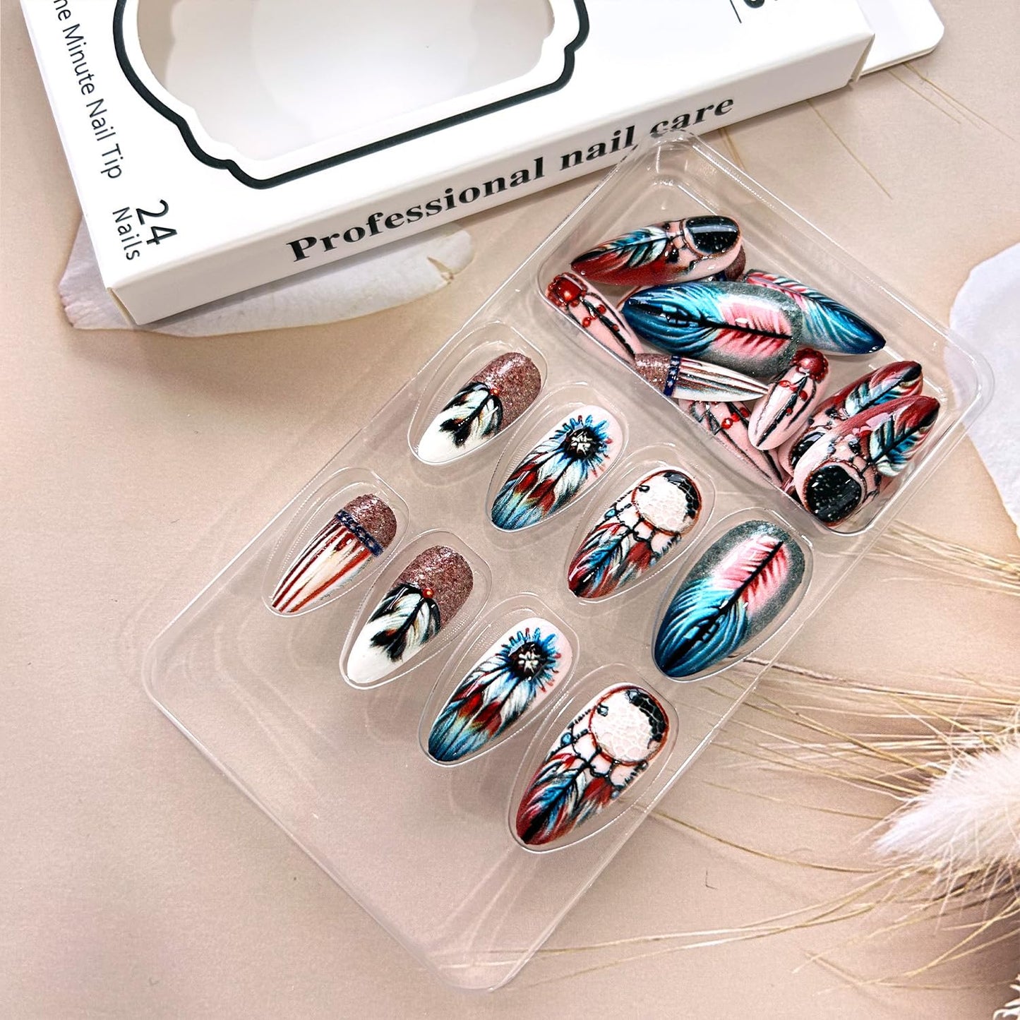 Press on Nails Almond Medium Colorful Feather Gradient Design Glitter Powder False Nail Full Cover Glossy Acrylic Artificial Stick on Nails Press Ons Handmade DIY Reusable Glue on Nail for Women 24Pcs