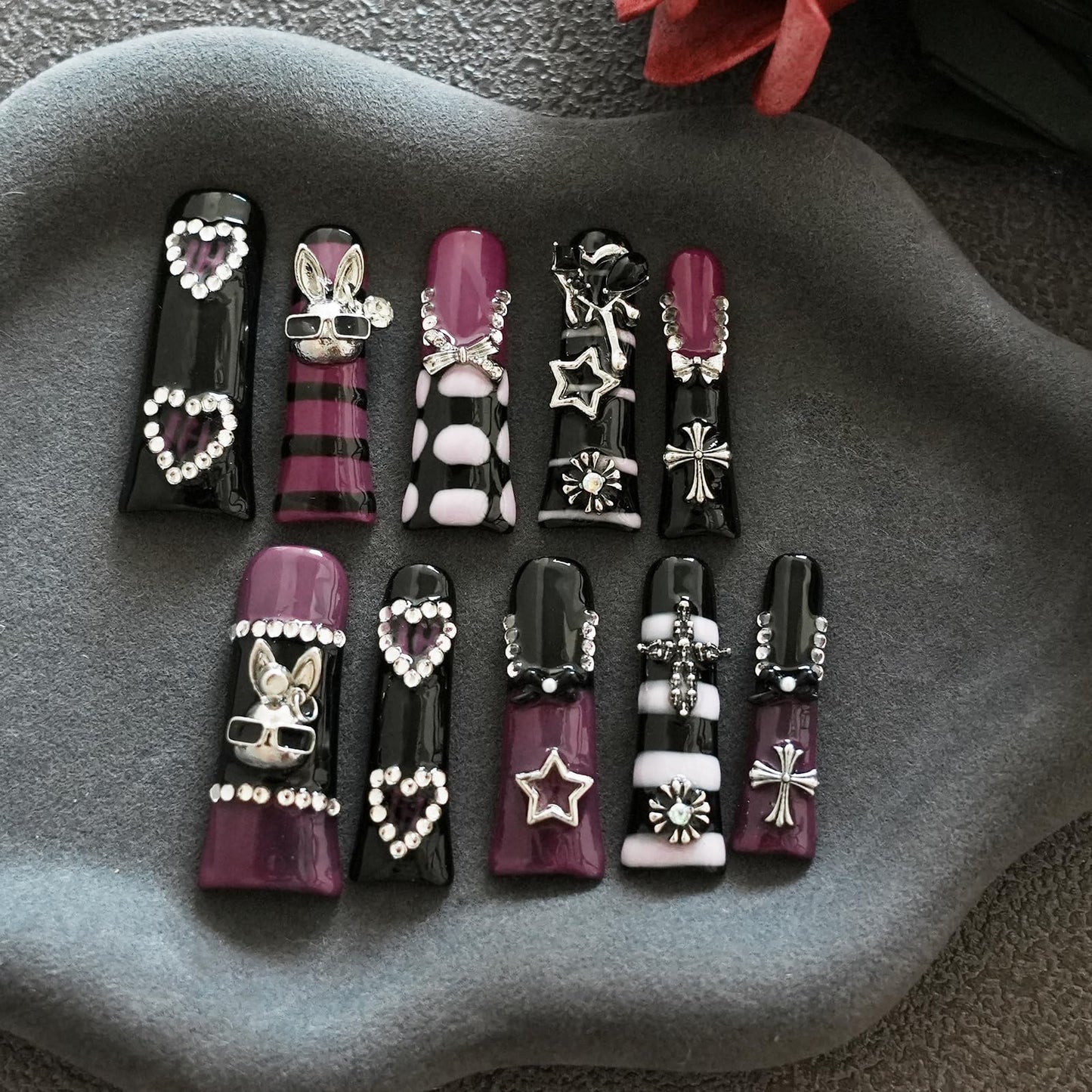Tesytto Metallic Gothic Press on Nails - Duck Nail Tips False Nails Black Purple Hot Pink with 3D Metal Cross, Star, Heart, Bow & Rabbit Charms, Extra Long Nails for Parties (Dark Romance, M)