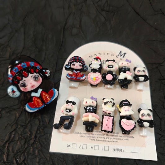 11Pcs(1Pack) Handmade Press On Nails Long Square Nails 30mm Gothic Sweetheart Nails with Ring for Women Party Daily Wear Size L