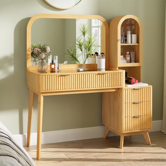 48" Fluted Makeup Vanity Desk with Large 32" Mirror, Modern Glass Top Vanity Table with 4 Drawers & Side Cabinet, Built-In Charging Station, Dressing Table Set for Bedroom, Natural Wood Finish