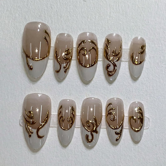 IMRAIN Handmade Press on Nails - Gold Chrome French Tip Abstract Lines - 10Pcs Almond Shape Old Money Aesthetic Modern Metallic Nails(m)