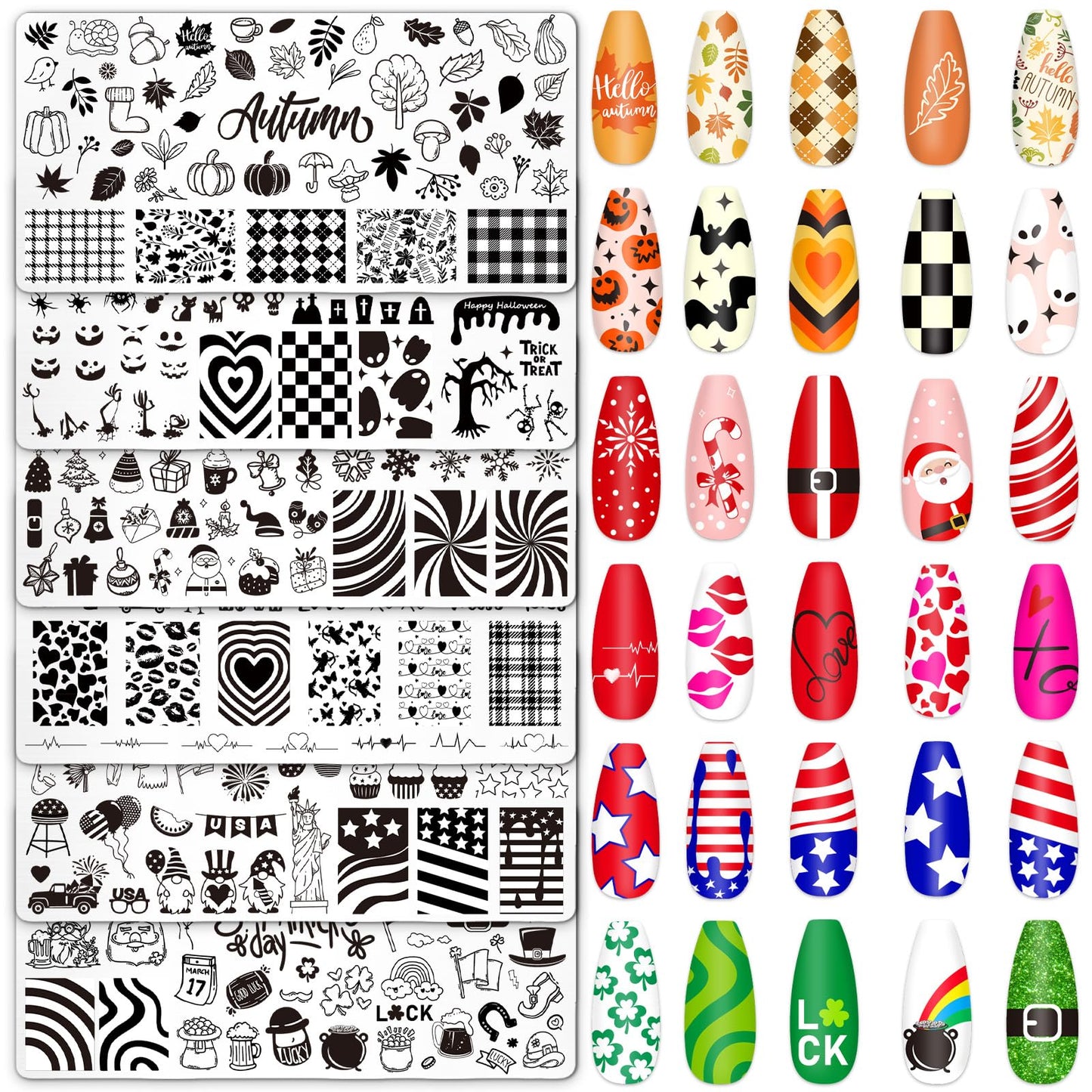 Whaline 6 Pcs All Holiday Nail Art Plates Christmas Valentines StampTemplates Set Winter Fall Nail Plates Stamping for Xmas DIY Print Manicure Salon Design Gift