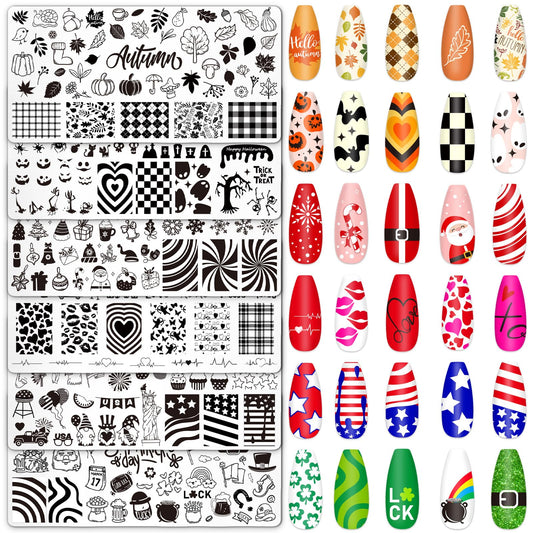 Whaline 6 Pcs All Holiday Nail Art Plates Christmas Valentines StampTemplates Set Winter Fall Nail Plates Stamping for Xmas DIY Print Manicure Salon Design Gift