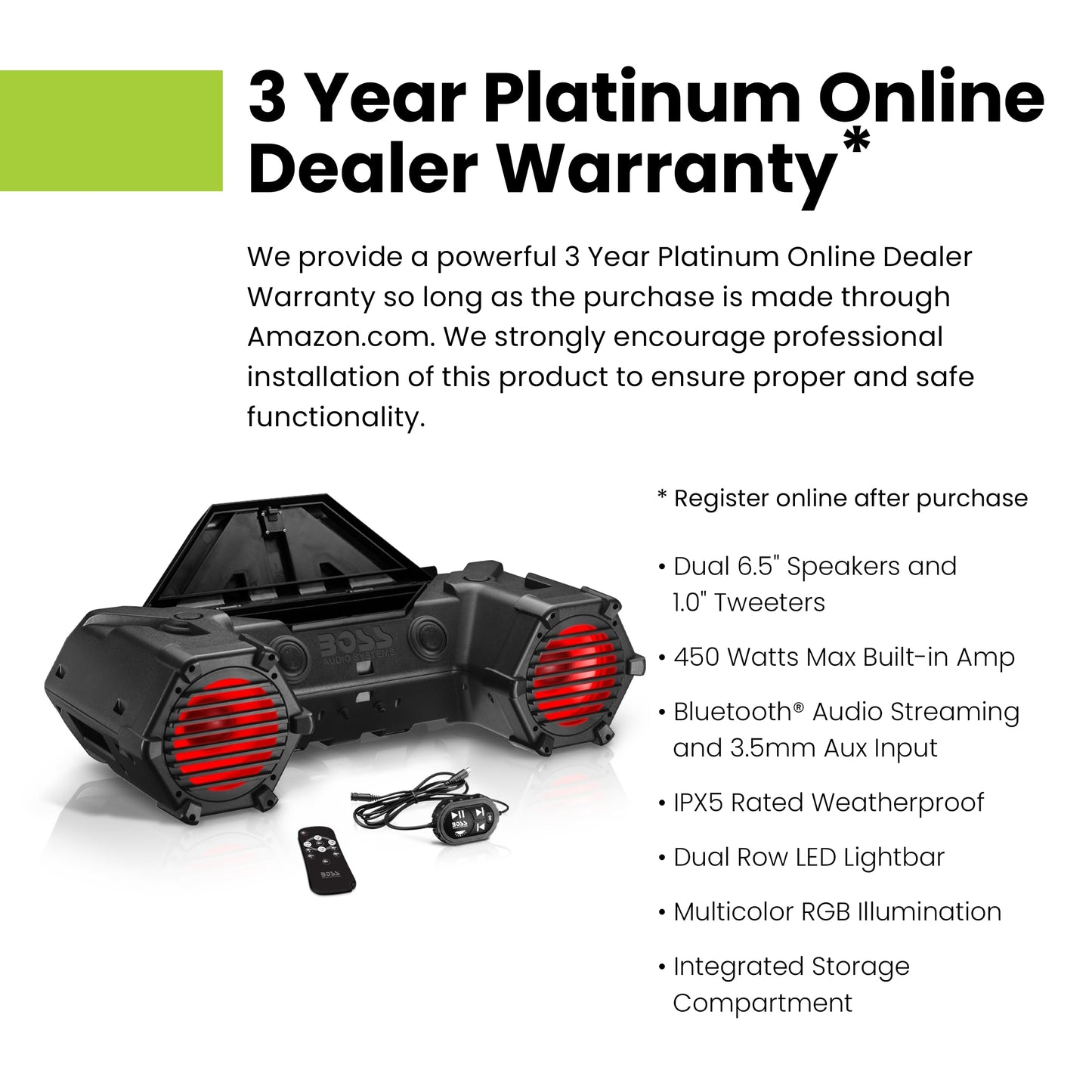 BOSS Audio Systems ATV30BRGB ATV Speaker System - 6.5 Inch Speakers, 1 Inch Tweeters, Built-in Amplifier, Bluetooth, Multi-Color Illumination