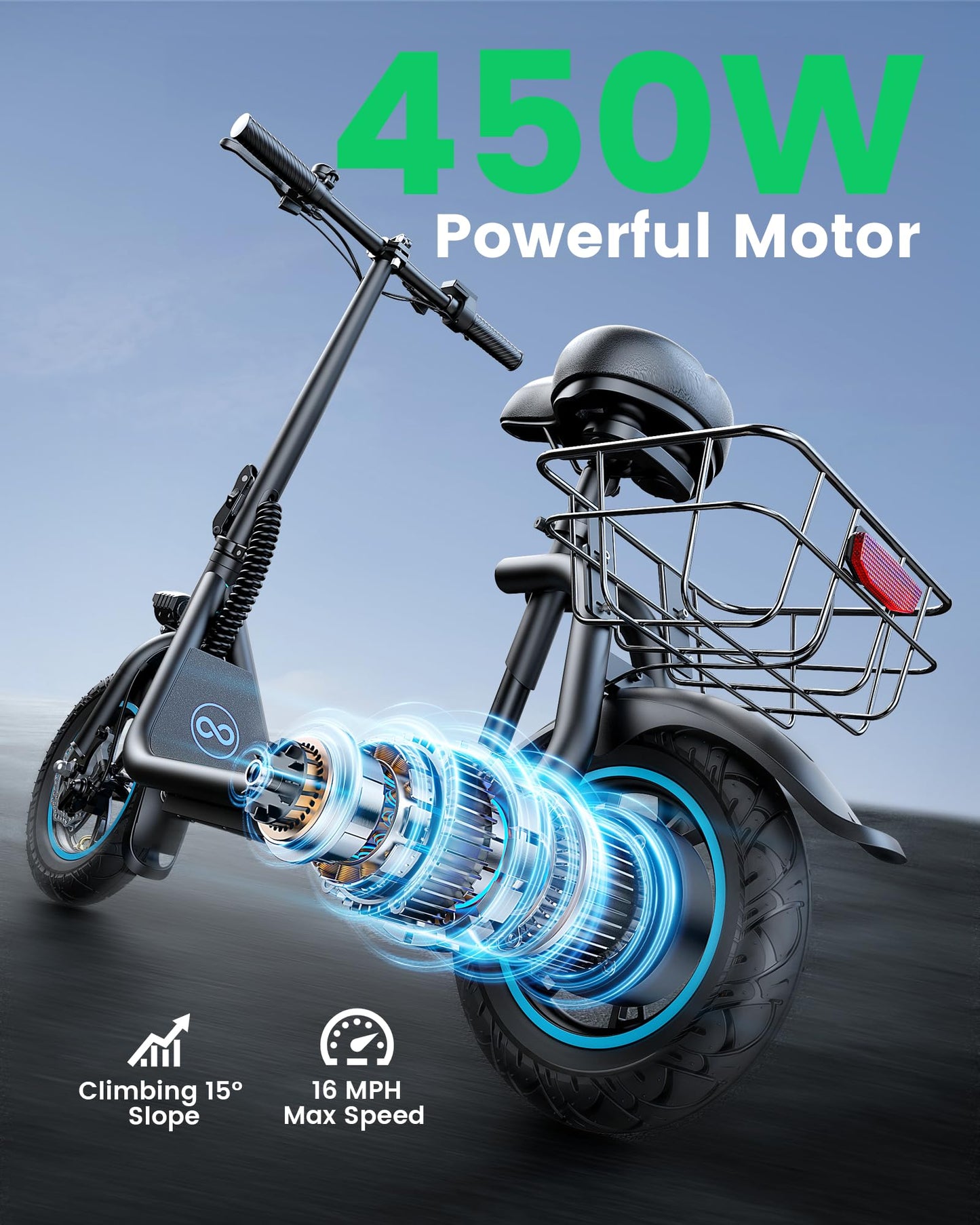AWWSCOOTER C1 Electric Scooter with Seat for Adults, 450W Motor, 20-Mile Range, 16 MPH, Foldable Commuter E-Scooter with Basket for Grocery, Pets, and Daily Commute– Classic Black