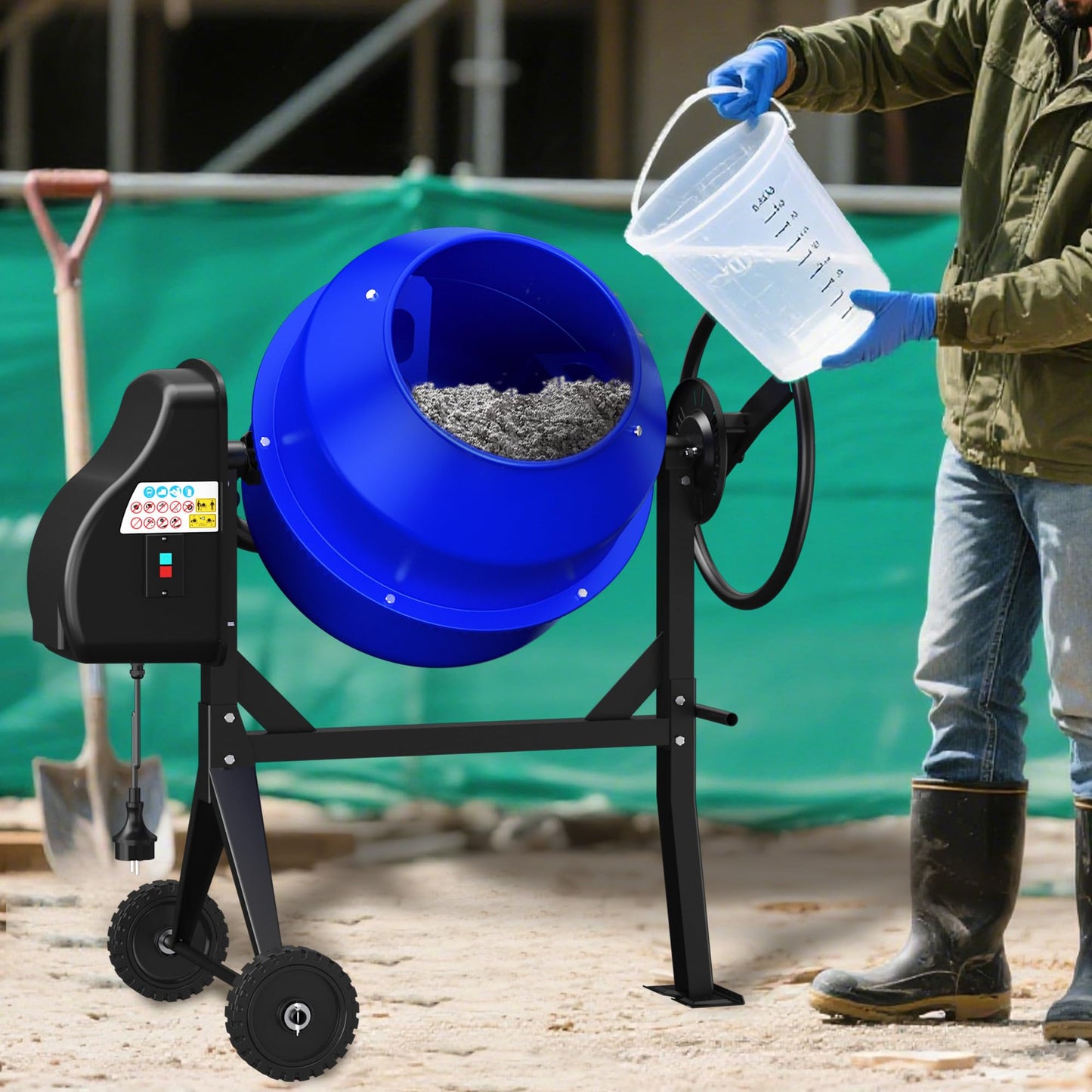 SILVEL Concrete Mixer 4.3 Cu.Ft. – 450W (3/5HP) Heavy Duty Portable Concrete Mixer with Wheel & Stand for Mortar, Stucco, Fodder – Industrial Cement Mixing Machine, Upgraded Blue