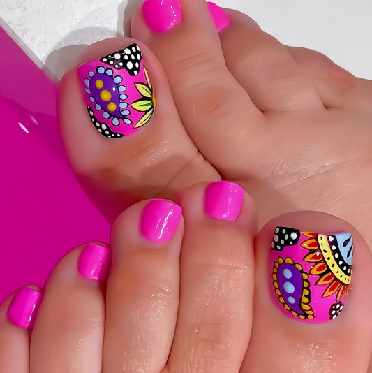 Summer Colorful Flowers Press on Toenails Short Square Sunflowers Full Cover Cute Pink Acrylic Artificial Reusable Glossy Fake Toe Nails for Women Girls Toenails Decorations 24Pcs