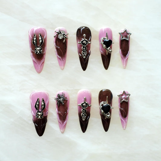 GLORS Gothic Press-On Nails, Pink to Black Ombre, Stiletto Shape with 3D Halloween Charms, Handmade False Nail 10 Pieces (Small, LS)