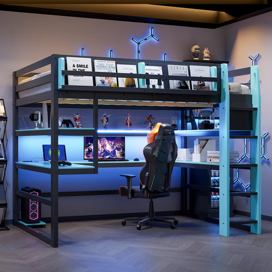 DNYN Gaming Loft Bed with Built-in Desk and Storage Shelves for Teens/Adults Bedroom, Space-Saving Full Size Wooden Bed Frame with LED & Side Race, No Box Spring Needed