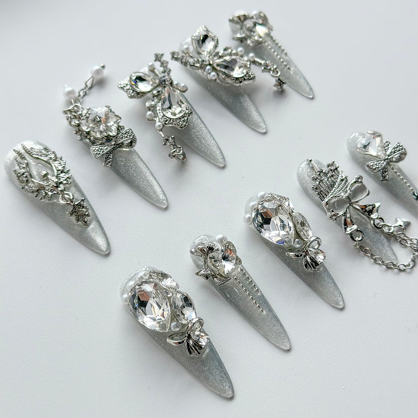 Luxury Press on Nails Long Almond Handmade 3D Unique Reusable ABS Material Fake Nails White Gothic False with Designs Bow Rhinestones Glitter Art Glossy Glue on Nails Thick Acrylic Nails(M)