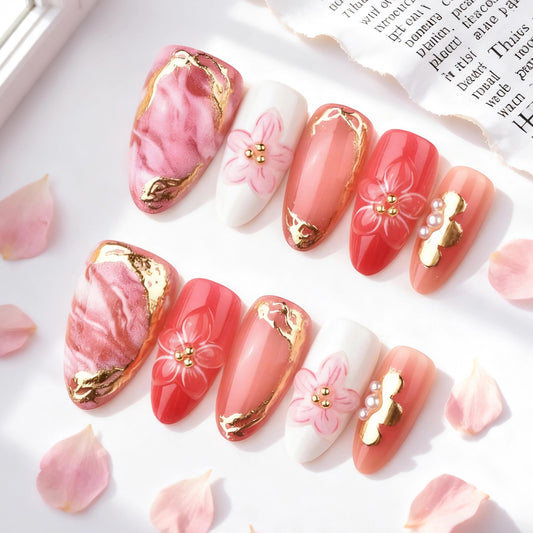 BABALAL Press On Nails, Medium Almond Fake Nails, Hot Pink Ombre With 3D Floral & Gold Chrome, Glitter Bling Glossy Full Cover Glue On Nails For Women And Girls 24Pcs