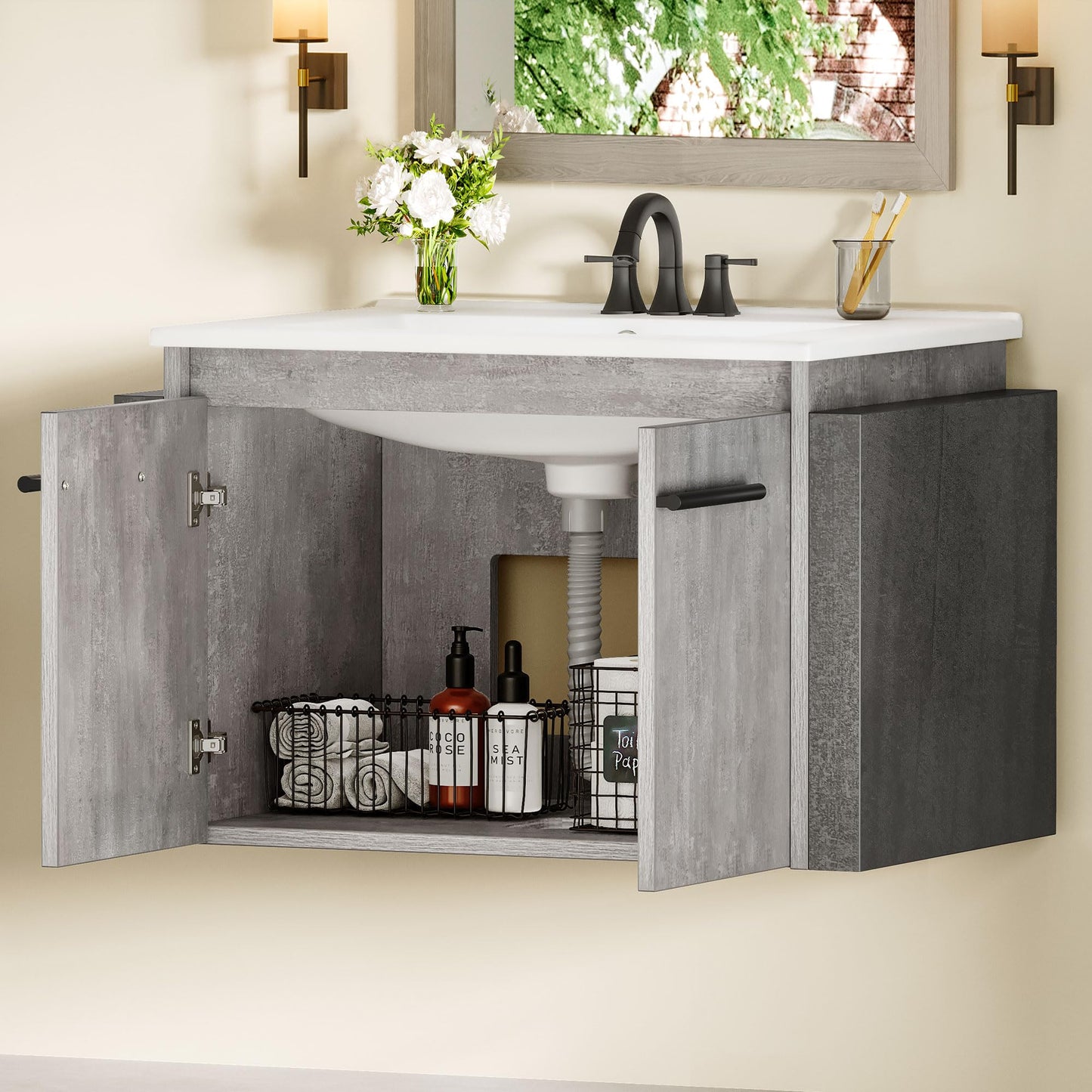 DWVO 24" Bathroom Vanity with Sink Combo, Wall Mounted Modern Bathroom Cabinet with Ceramic Sink, Large Storage Double Soft-Close Doors Cabinet Vanity, Grey