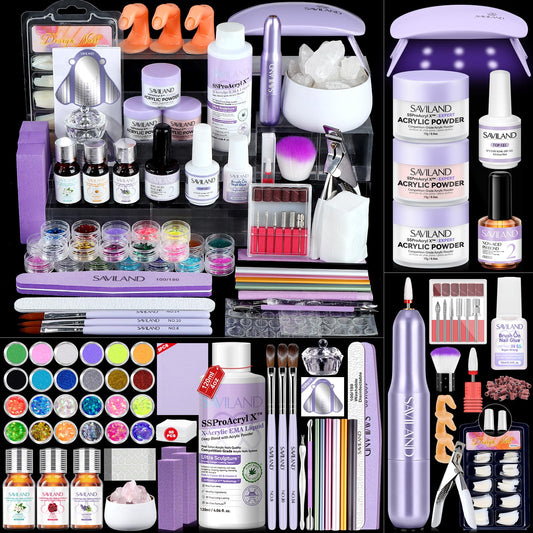 SAVILAND Professional Acrylic Nail Kit with Drill: Nail Kit Acrylic Set with 4OZ High Volumn EMA Monomer Nail Table Mat Essential Oil Nail Brush Nail Drill Kit Nail Extension Carving Women DIY Salon
