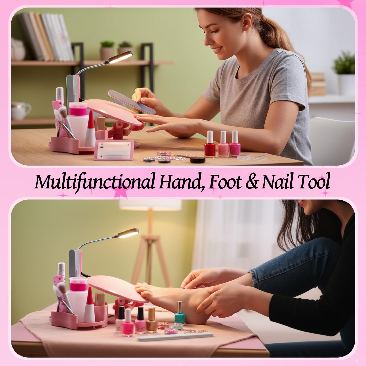 Enhon Manicure Supplies, Nail Stand Hand Rest for Nails with Multi Angle & Polish Trays, Manicure Set 3 Pieces & LED Lights, Foot Station Supply for Salon Home DIY, Christmas Gifts for Women (Pink)