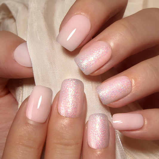 Curvlife Press on Nails Acrylic Fake Nails with Flash white Short Square Design Full Cover False Nails for Women Reusable Nail Kit