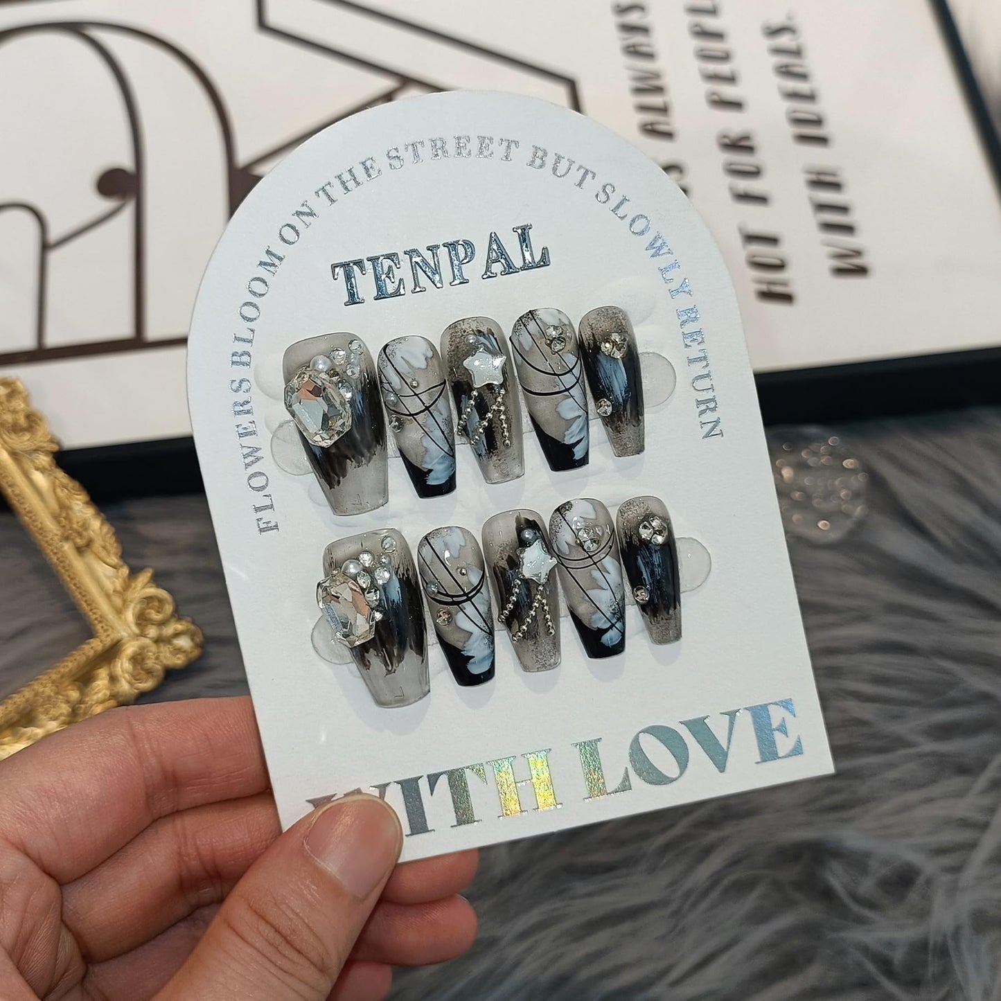 TENPAL 10PCS Gothic Coffin Press on Nails with Tools Kit,Black French Tips Fake Nails with Oriental Chain & Crystal Design | Dark Rebel Glue on Nails Medium | Icy Dark Elegant Chinese Style Nails(XS)