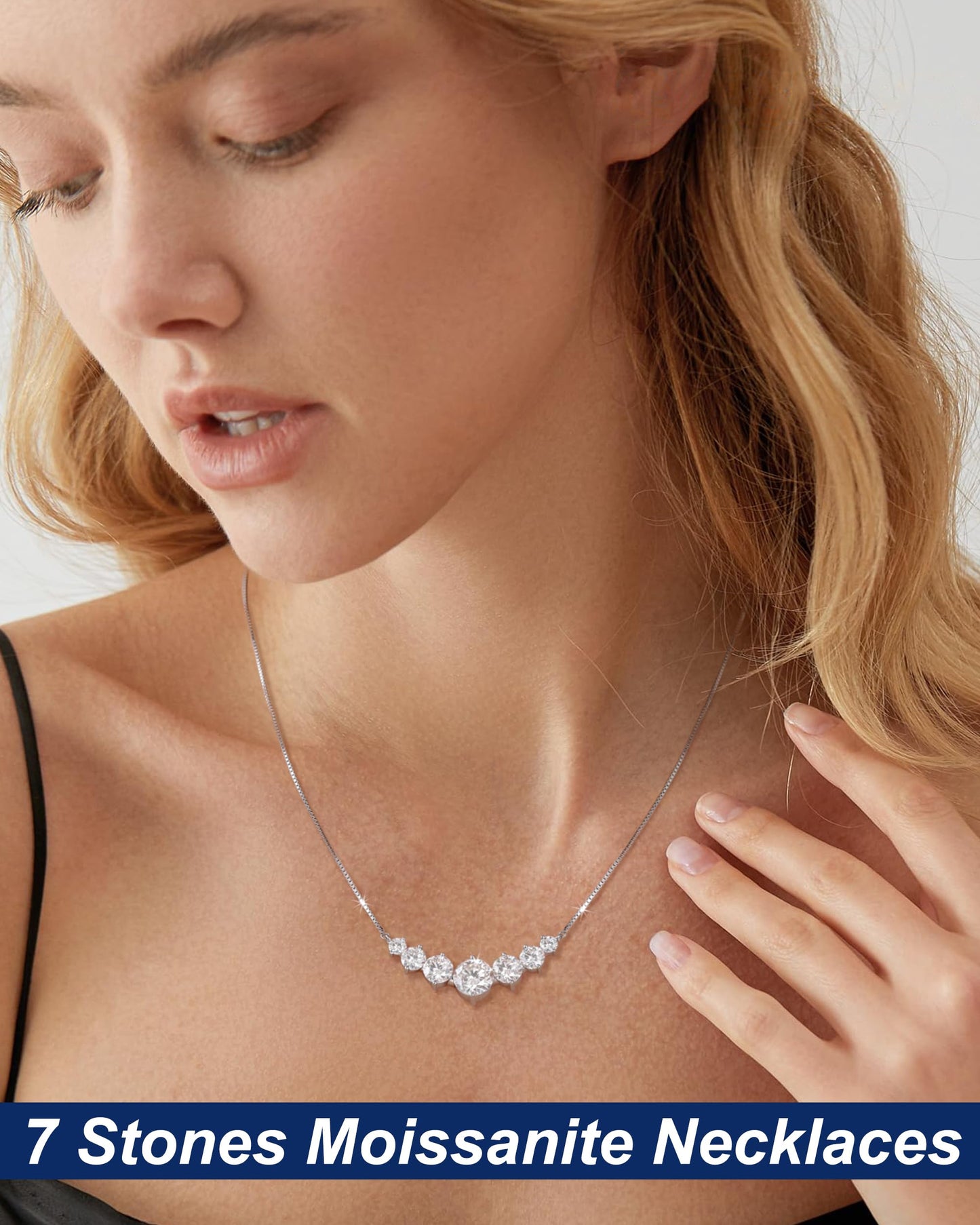 Moissanite Necklace for Women, 2.8 Carat Lab Grown Moissanite Pendant 18k White Gold Plated Sterling Silver 7 Stones Smile Pendant Necklace, Fashion Necklace with 16.5+2.5 inch Adjustable Box Chain