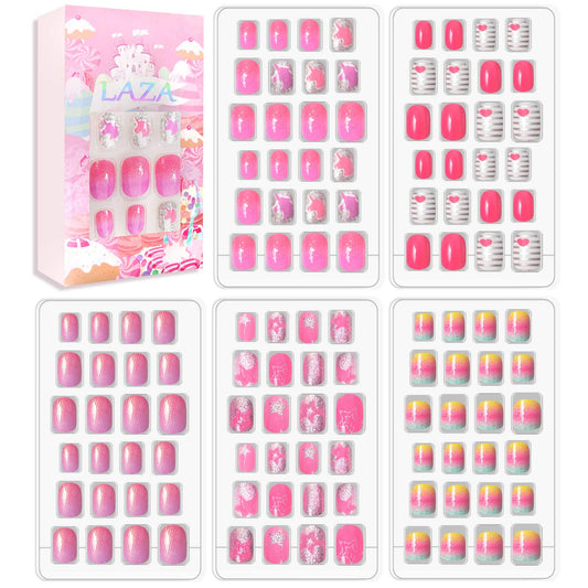 Laza 120pcs Children Nails Girls Press On Artificial Nail Tips Pre-glue Full Cover Short Cute False Nail Kits Lovely Christmas Gift for Children Kids Little Girl Nail Art Decoration - Pinky Lady