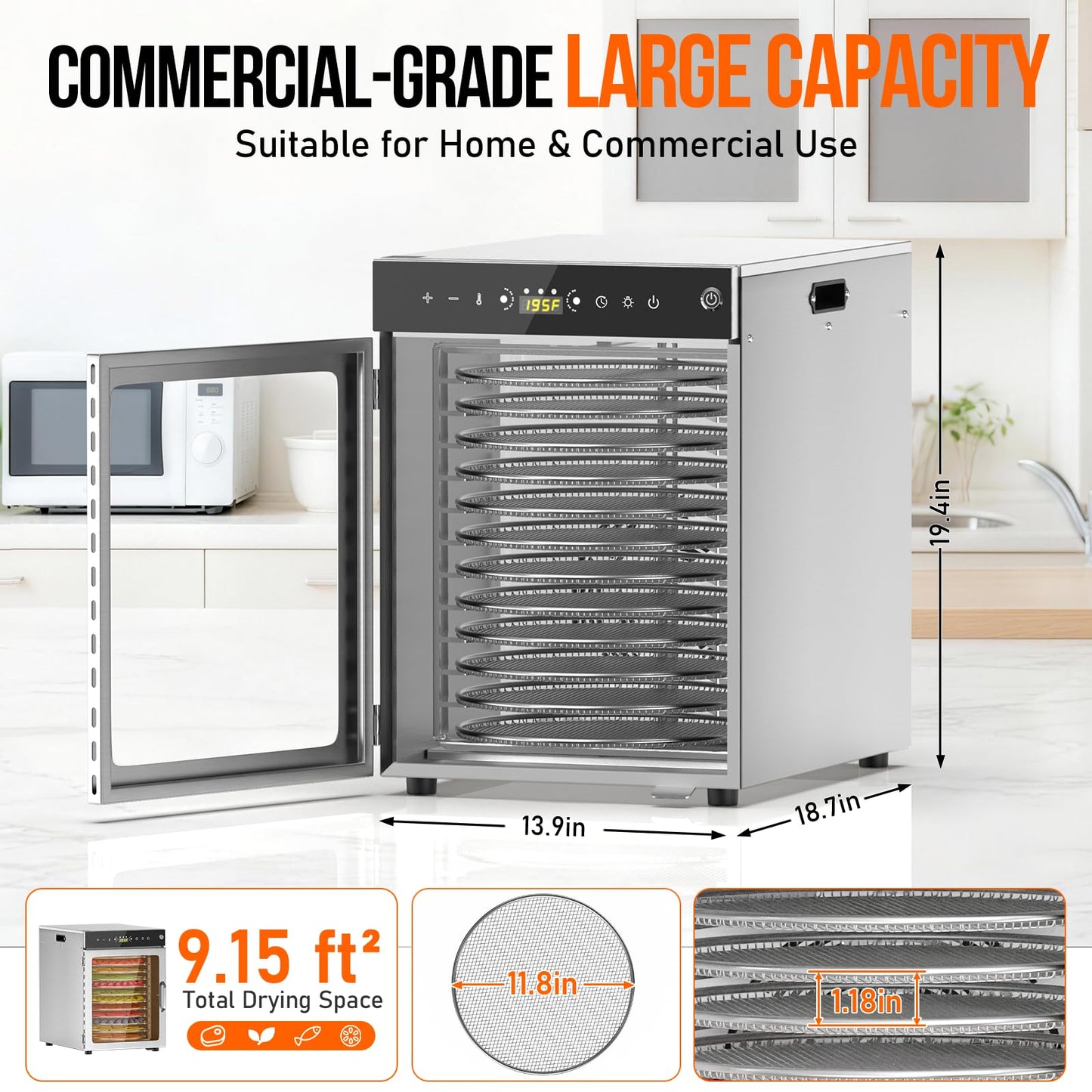 Prenafla Food Dehydrator 12 Trays - 360° Rotary Meat Dehydrator for Jerky with 194°F Temp & 24H Time Control, 800W Even Heating Food Dryer Machine for Herbs, Fruit, Meat, Yogurt, Silver