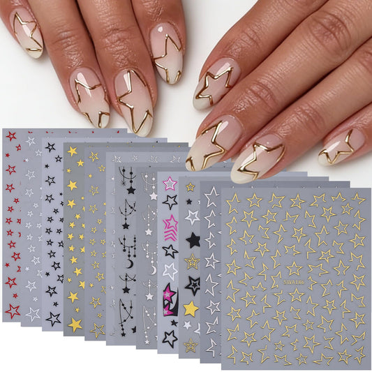 Hollow Star Nail Stickers Decals 12 Sheets Y2K Styles Star Nail Art Stickers Shiny Gold Silver Hot-Pink Black White Stars Nail Designs 3D Self Adhesive DIY Glitters Accessories Manicure Decoration